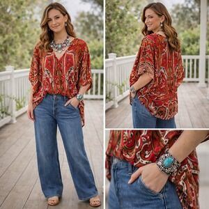 Chico's Paisley Medallion V-Neck Kimino Sleeve Boho Oversized Poncho Top S/M